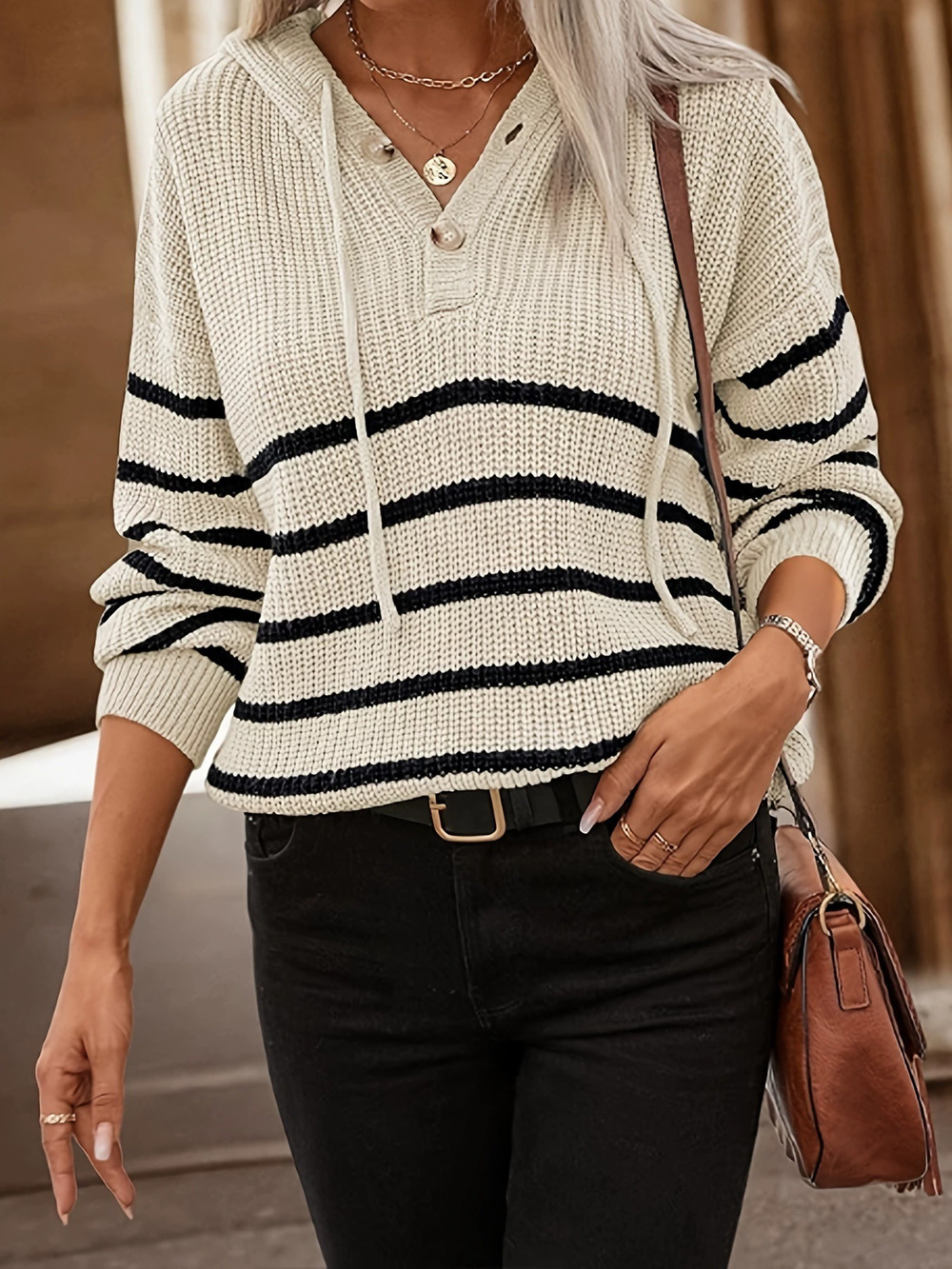 ZARA Hot Selling Hooded Color Block Stripe Knit Sweater Fall Winter